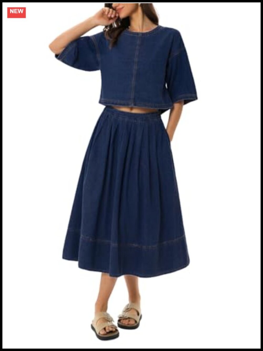2 Piece Denim Skirt Set with 3/4 Sleeve Top & Midi Skirt